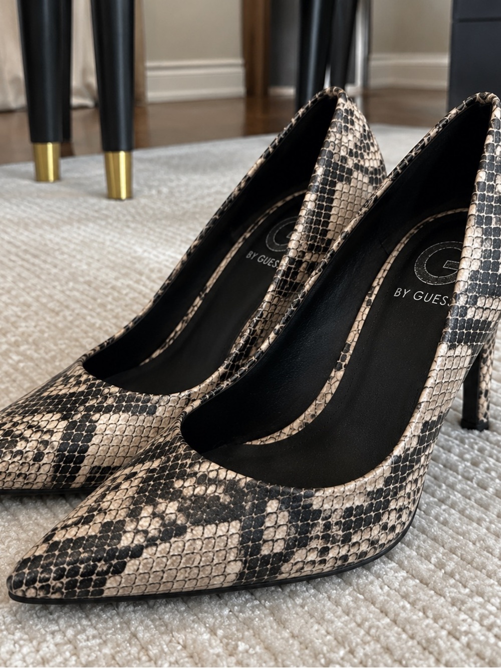 G by Guess Beige and Black Snake-Print Pointed Toe Pumps